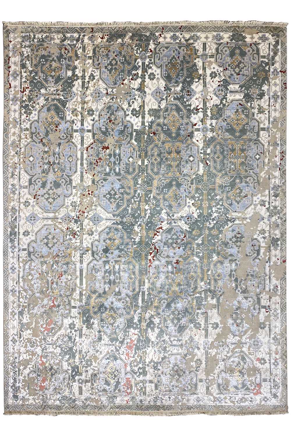 Designer rug covering the entire surface: vintage ornamental pattern with border in gray, beige, and blue