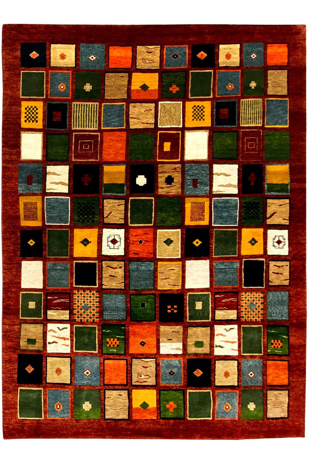 Gabbeh rug “Lori” (256x196 cm) with square patchwork made up of many colorful sections