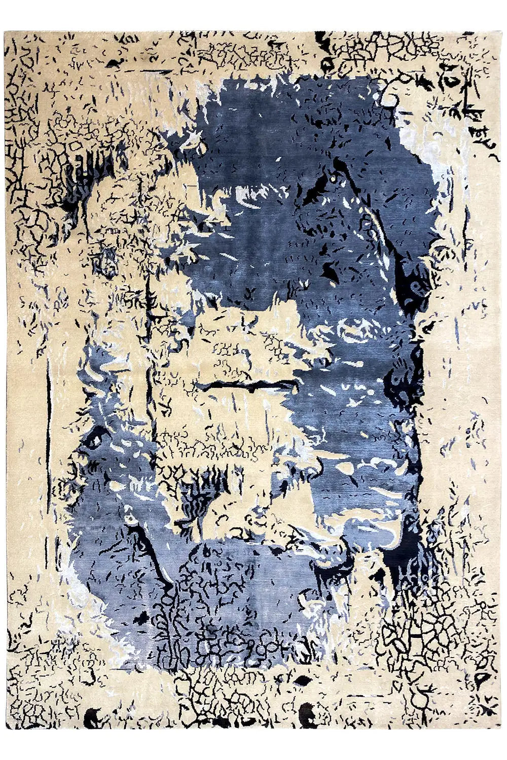 Rectangular designer rug, beige pile with a blue abstract central pattern