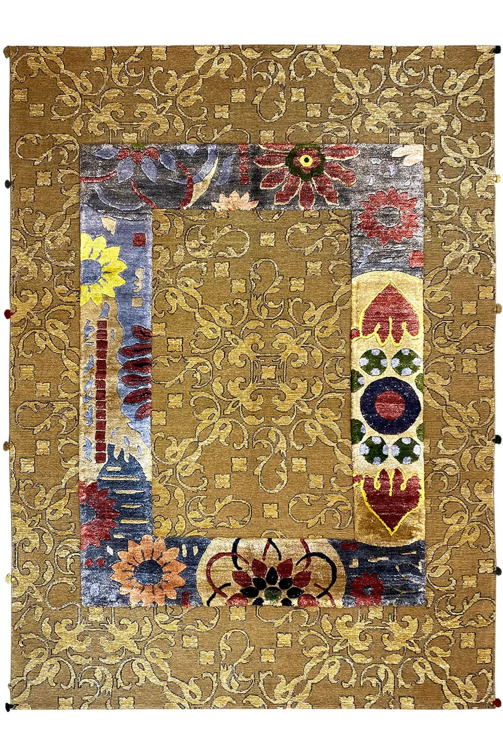Rectangular designer rug, golden brown with patchwork mosaic and a colorful medallion