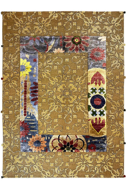 Rectangular designer rug, golden brown with patchwork mosaic and a colorful medallion