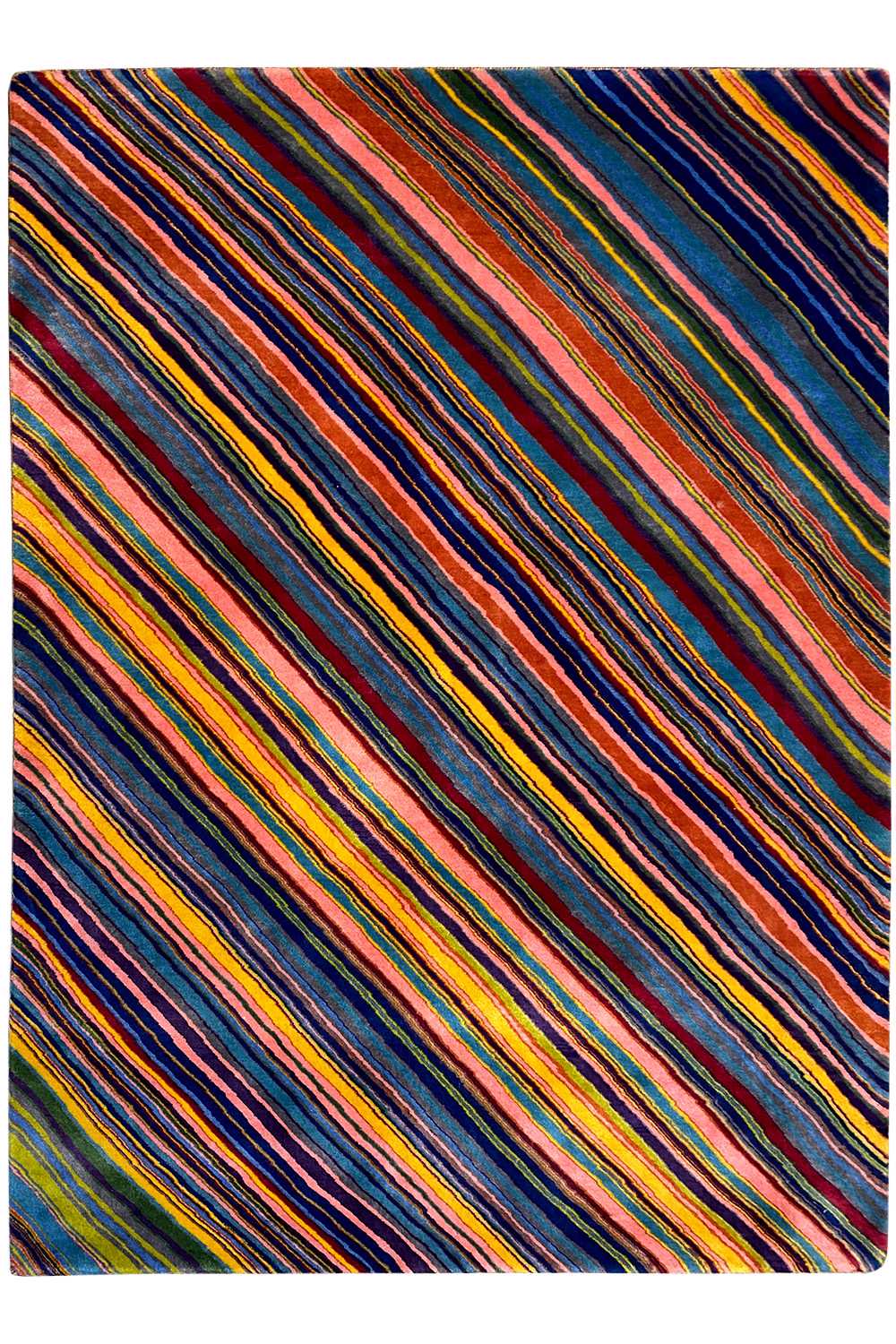 Rug surface with slanted, multicolored stripe lines on a light background