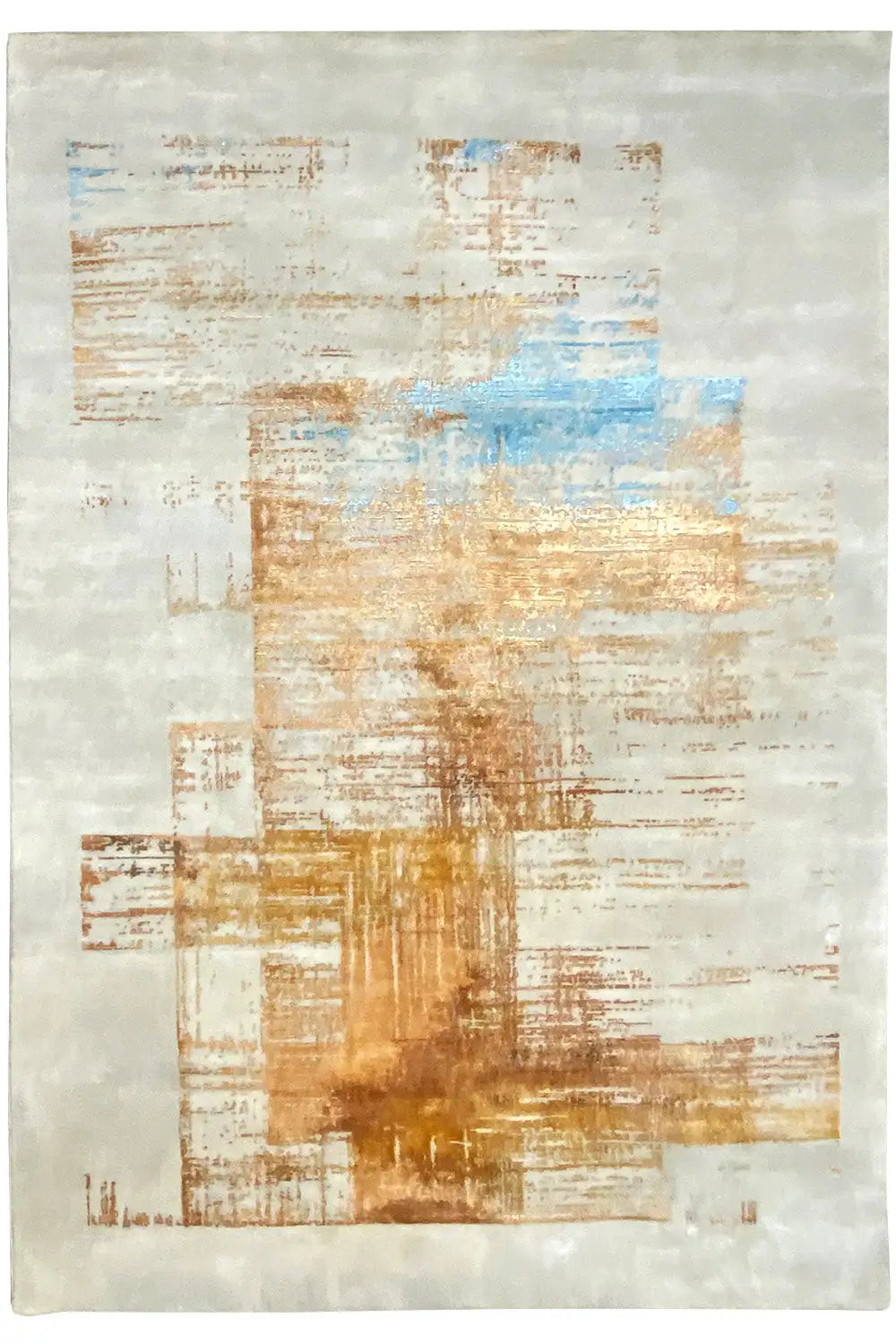 Designer rug with an abstract patchwork pattern in cream, golden brown, and light blue