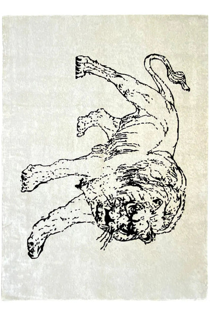 Designer rug with dog figure motif, light gray pile, printed in black