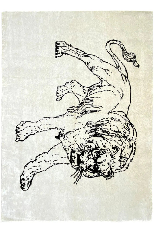 Designer rug with dog figure motif, light gray pile, printed in black