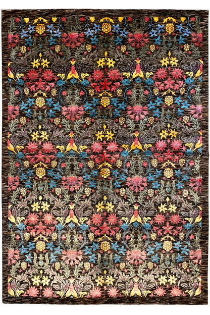 Front view of a rug with a symmetrical multicolored floral and ornamental pattern