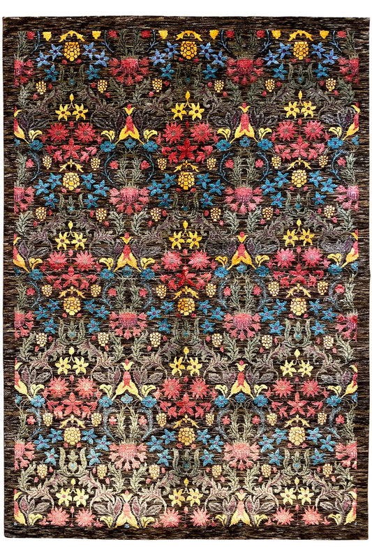 Front view of a rug with a symmetrical multicolored floral and ornamental pattern