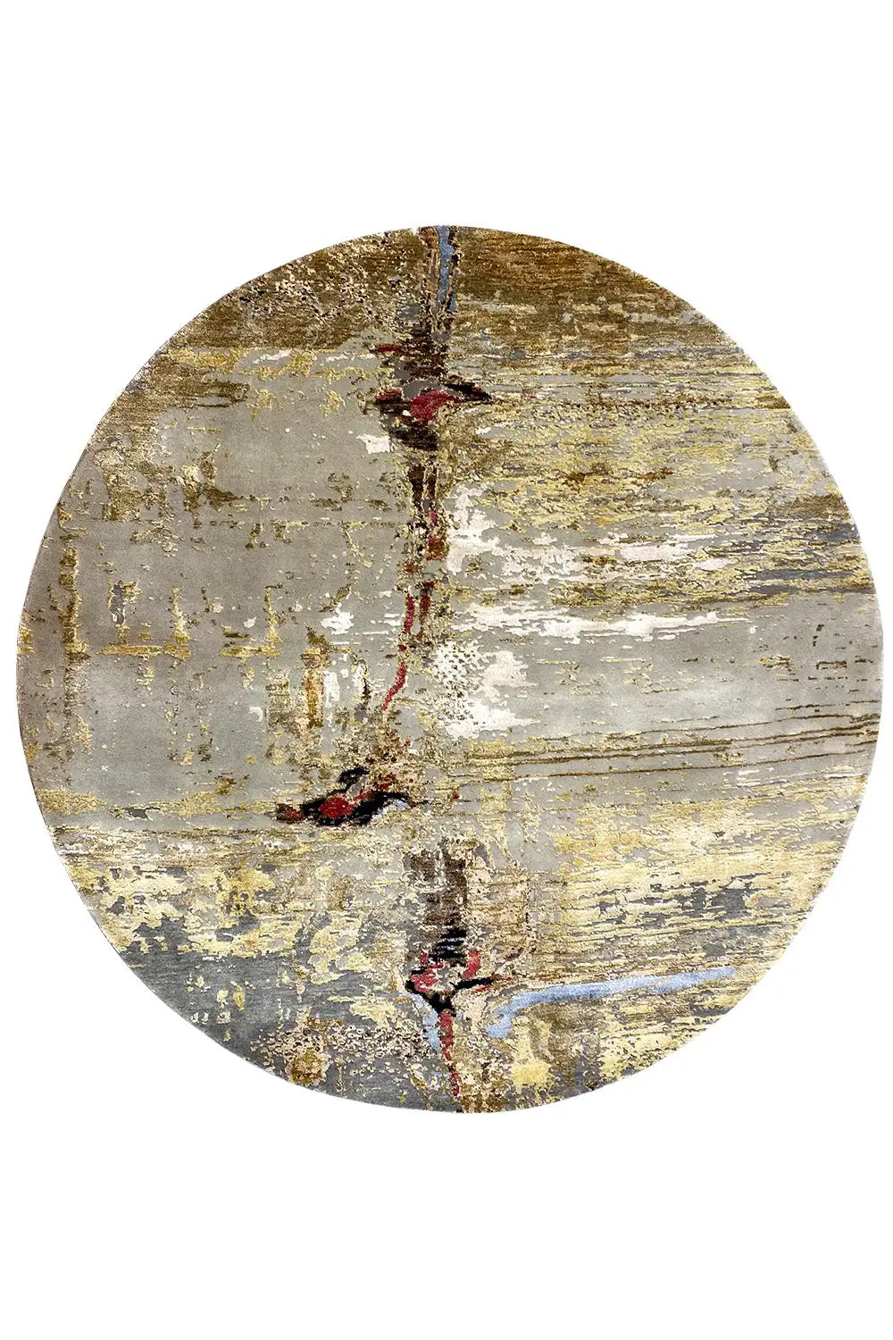 Round modern rug with a beige-gray background and gold-brown abstract texture.