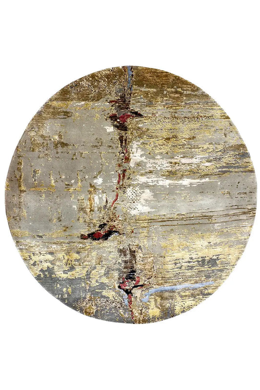 Round modern rug with a beige-gray background and gold-brown abstract texture.