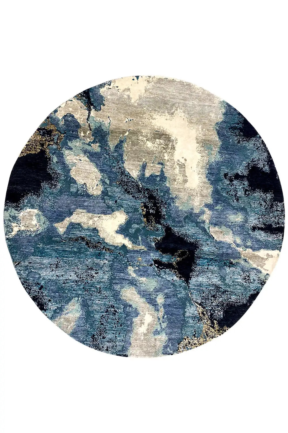 Round designer rug, centered: abstract blue-beige pattern with a faded vintage look.