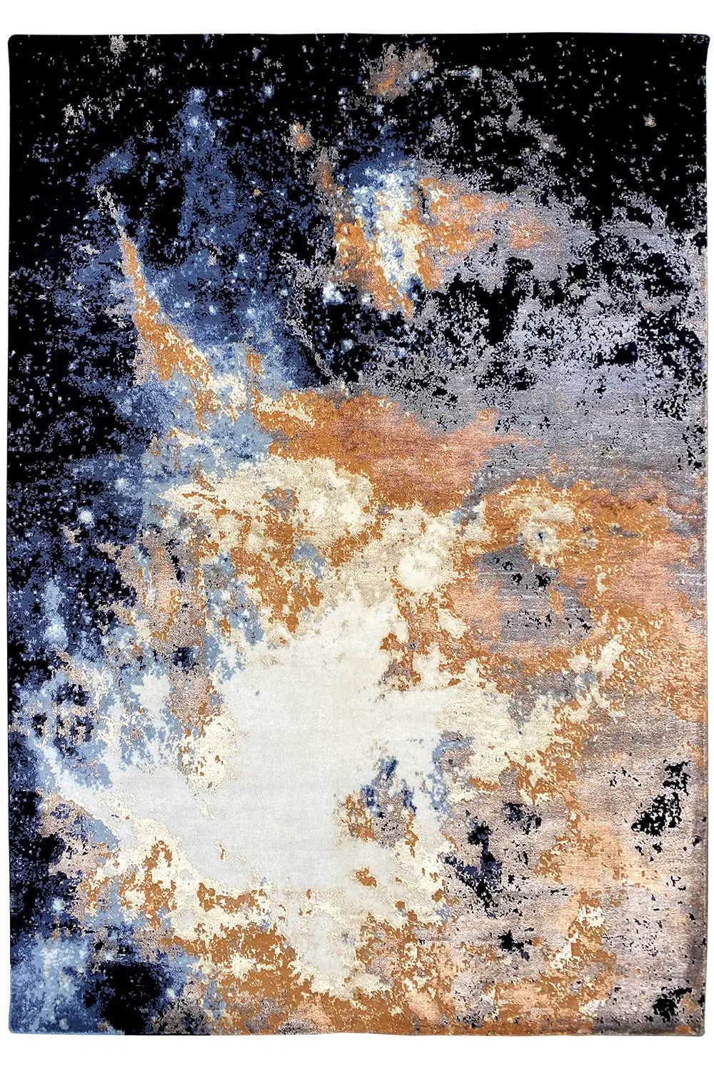 Rug with an abstract pattern, dark blue with a beige center and rust-colored accents