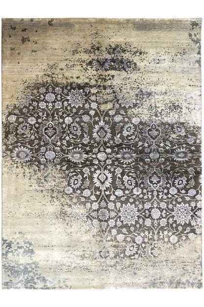 Vintage-style rug with a dark floral ornamental pattern on a beige background