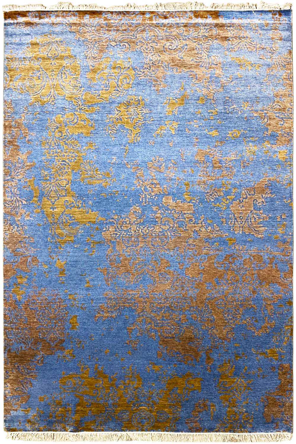 Rug 365 x 275 cm, blue with golden ornaments, edged with fringes