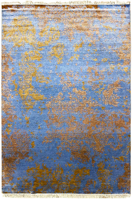 Rug 365 x 275 cm, blue with golden ornaments, edged with fringes