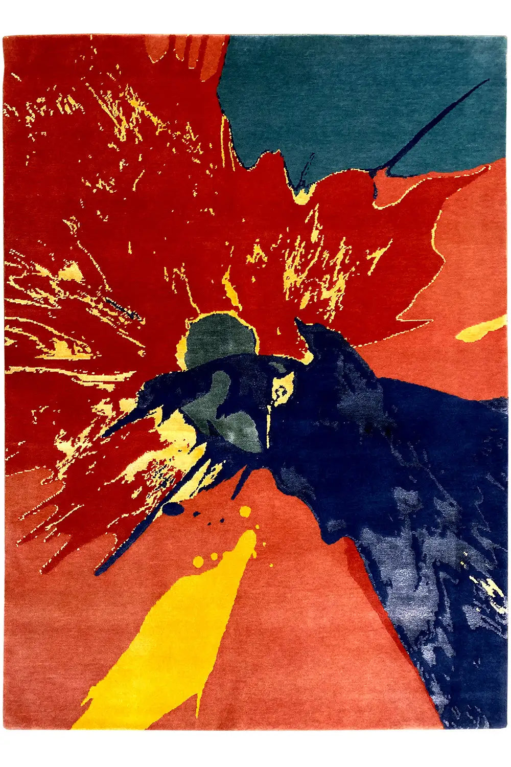 Rug in detail: vibrant splash design with orange, blue, and yellow on a solid-colored background