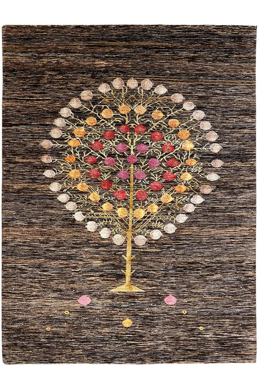Dark brown rug with a central tree-circle motif, orange-pink flowers, and white dots