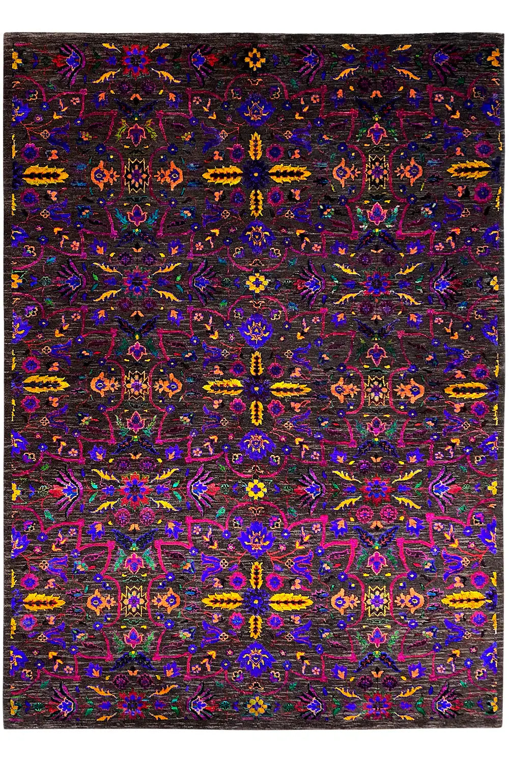 Silk sari: rectangular fabric with a dense, multicolored ornamental pattern