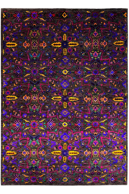 Silk sari: rectangular fabric with a dense, multicolored ornamental pattern