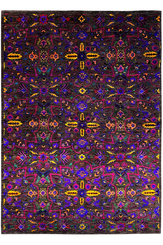 Silk sari: rectangular fabric with a dense, multicolored ornamental pattern
