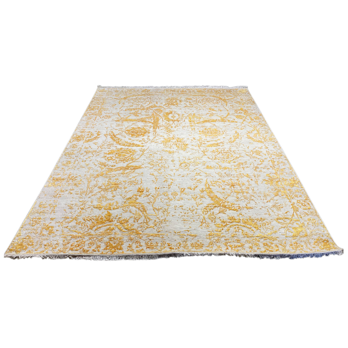 Designer rug 316x245 cm, gold-and-white patterned, flat-woven, rectangular shape