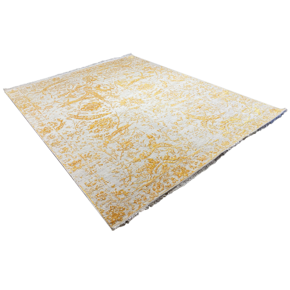 Designer rug 316x245 cm in three-quarter view, gold-colored ornamental pattern, rectangular
