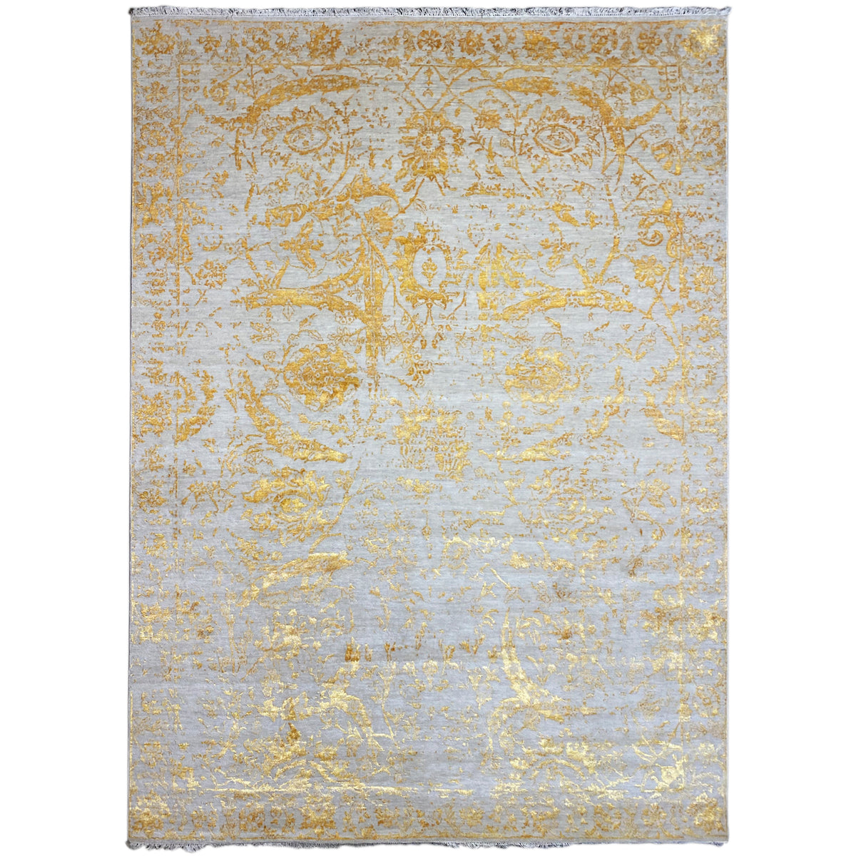 Designer rug 316x245 cm with a gold-colored pattern on a light background, rectangular