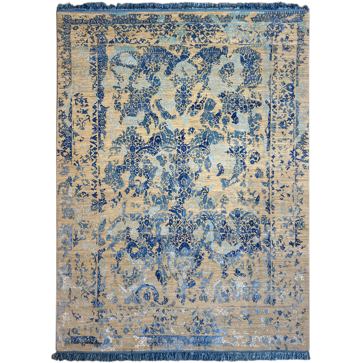 Rug 308x255 cm with a blue vintage pattern on a beige background and fringes