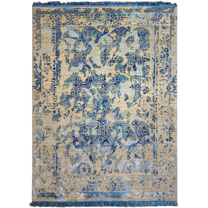 Rug 308x255 cm with a blue vintage pattern on a beige background and fringes