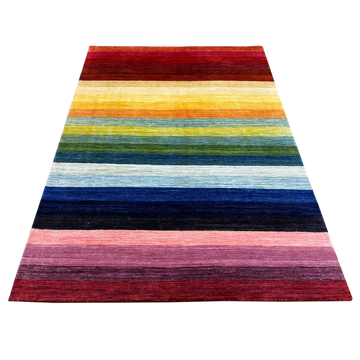 Gabbeh rug with a wide striped pattern in shades of red, yellow, green, blue, and pink