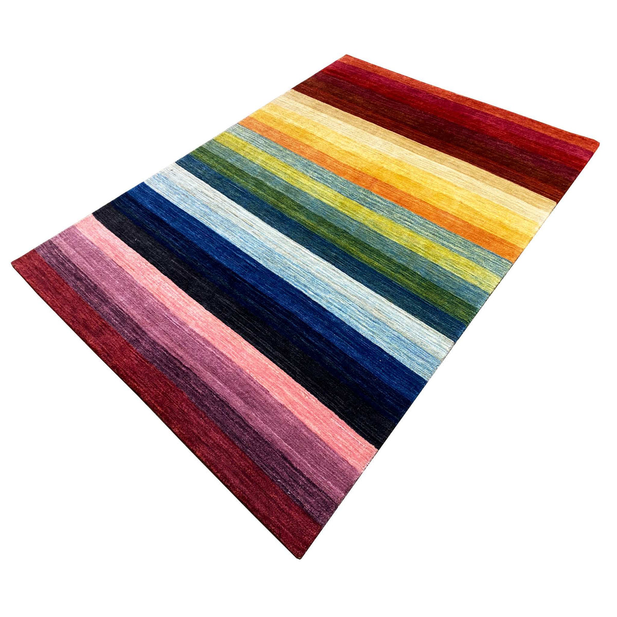Gabbeh rug with stripes in orange-yellow, blue, pink, and dark red