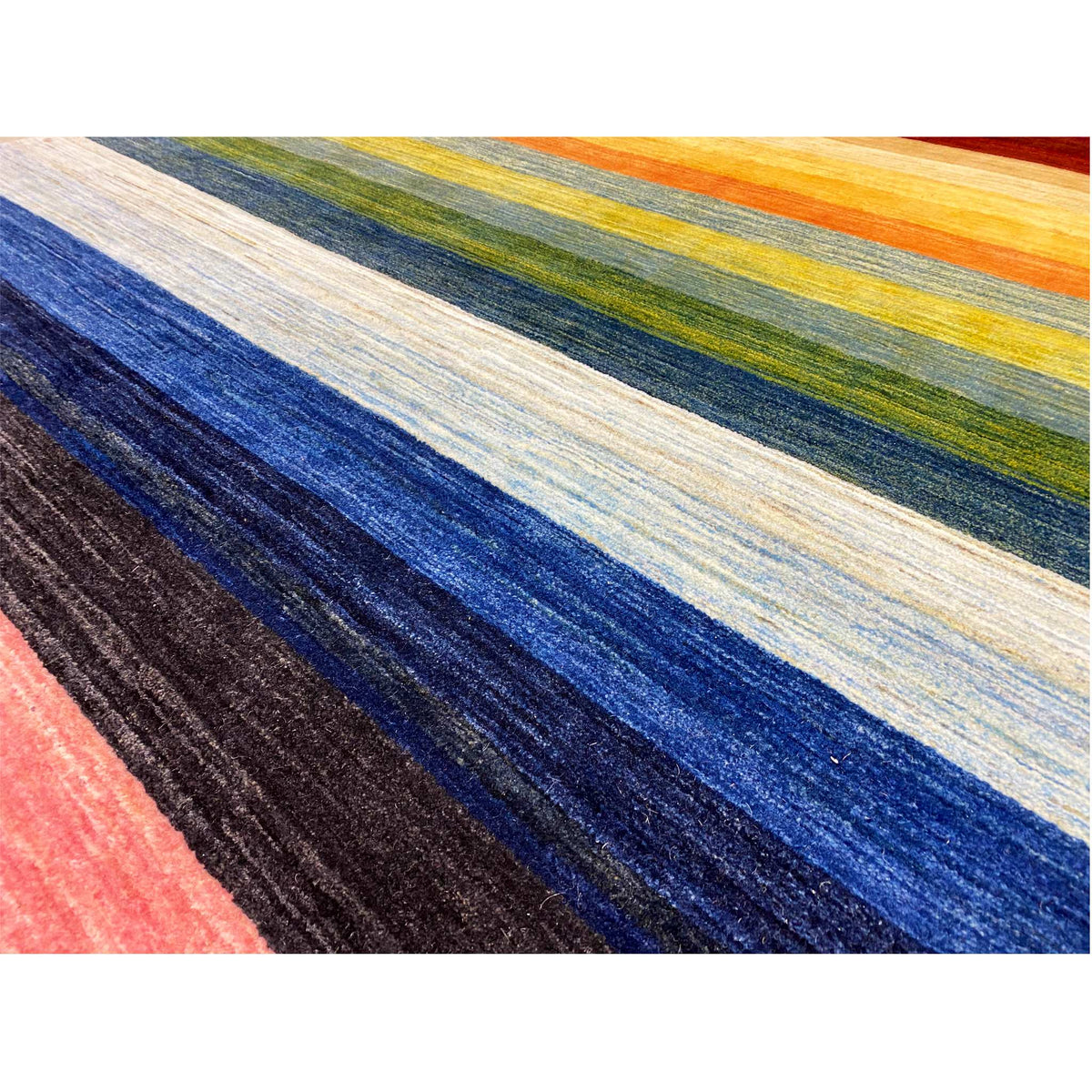 Close-up: striped woven pattern in blue, yellow, green, red and beige