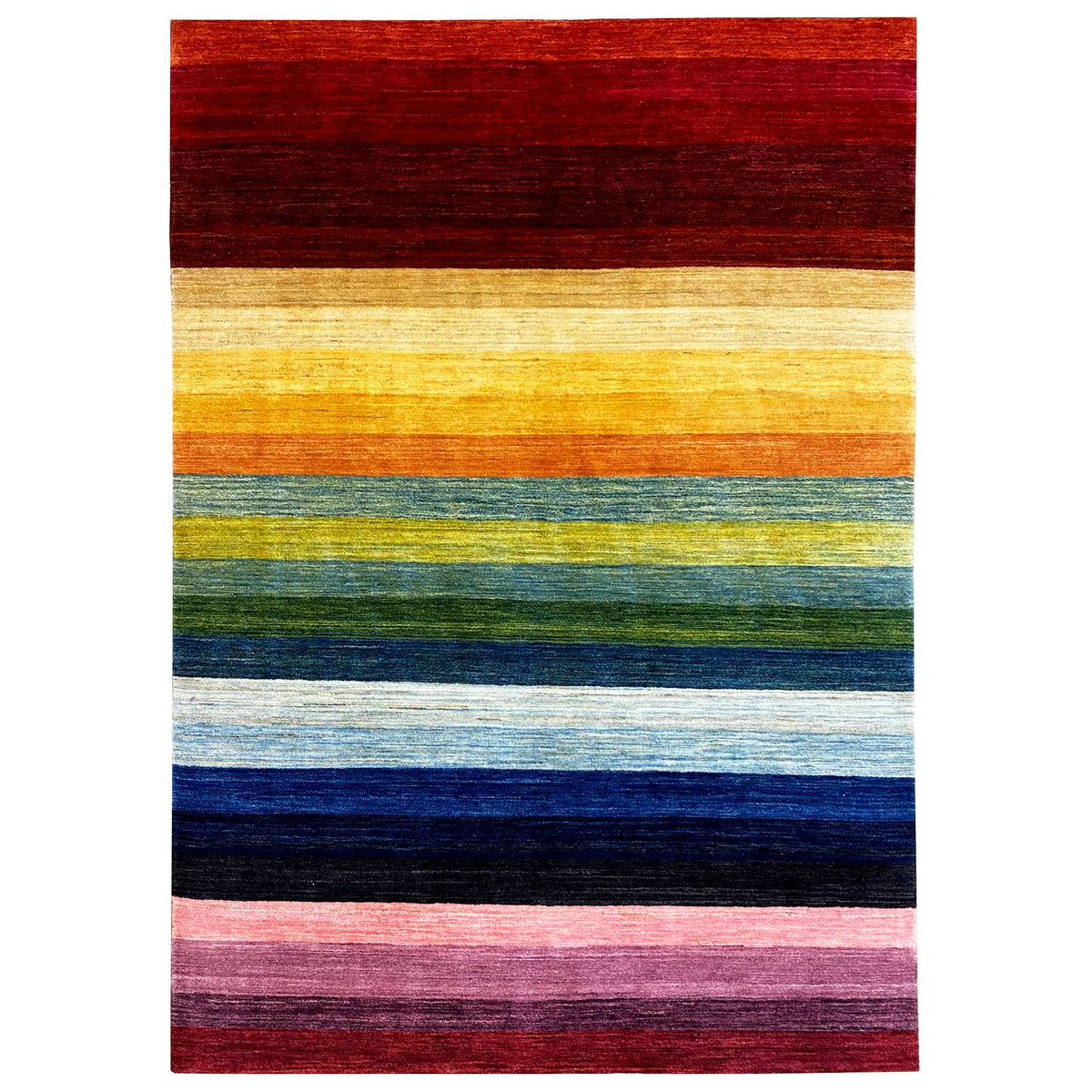 Gabbeh rug with horizontal stripes in red, yellow, green, blue, and pink