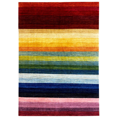 Gabbeh rug with horizontal stripes in red, yellow, green, blue, and pink