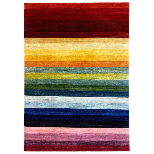 Gabbeh rug with horizontal stripes in red, yellow, green, blue, and pink