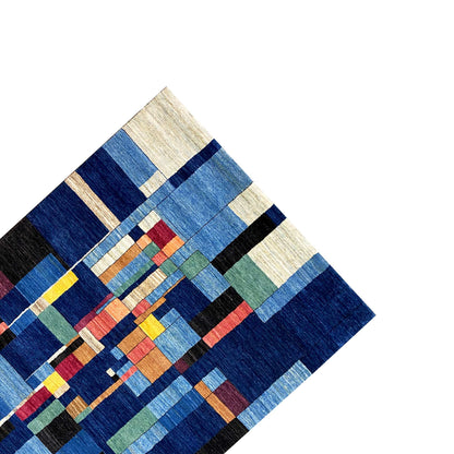 Hand-knotted Gabbeh rug, blue patchwork design with light and black stripes