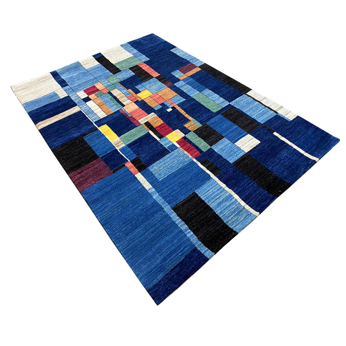Hand-knotted Gabbeh rug, blue patchwork design with multicolored details