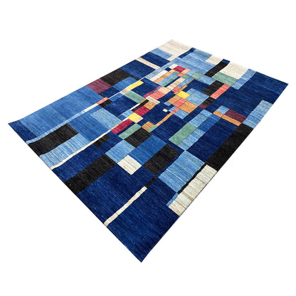 Hand-knotted Gabbeh rug, blue grid pattern with black and cream-colored lines