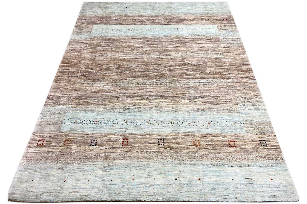 Gabbeh rug, rectangular, wide-striped pattern in beige, brown and light blue