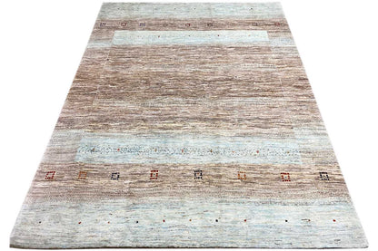Gabbeh rug, rectangular, wide-striped pattern in beige, brown and light blue
