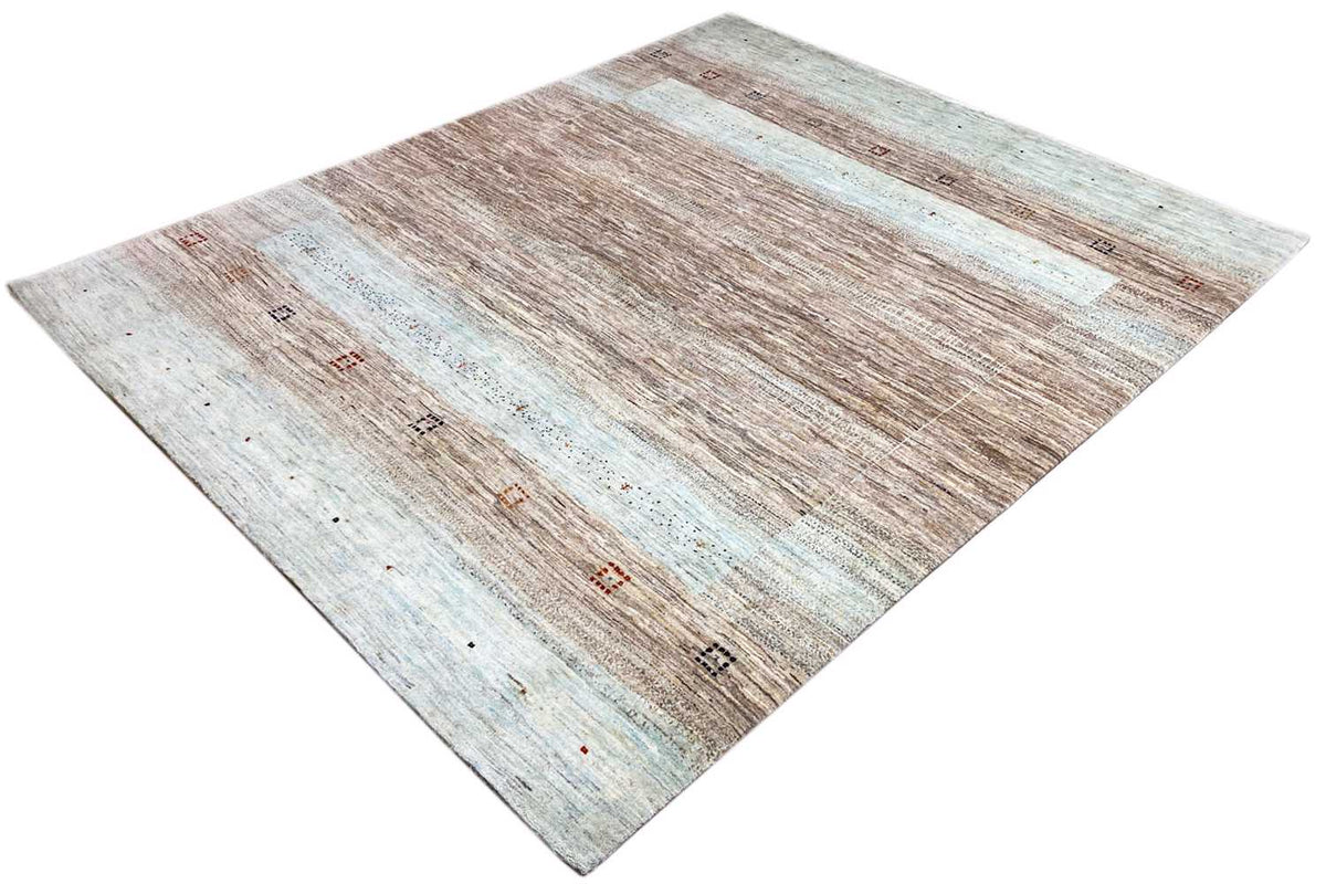 Gabbeh rug with vintage stripes and contrasting bands in light blue and brown
