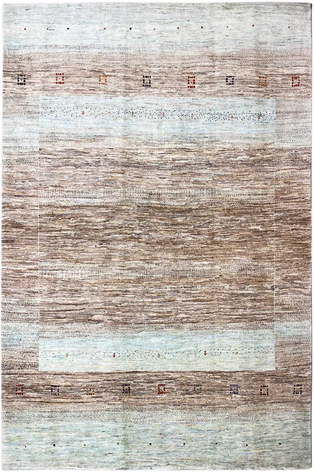 Gabbeh rug with an all-over zoned pattern in beige, brown, and light blue