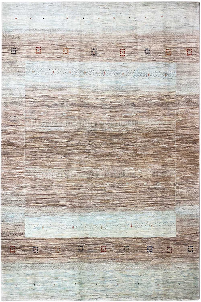 Gabbeh rug with an all-over zoned pattern in beige, brown, and light blue