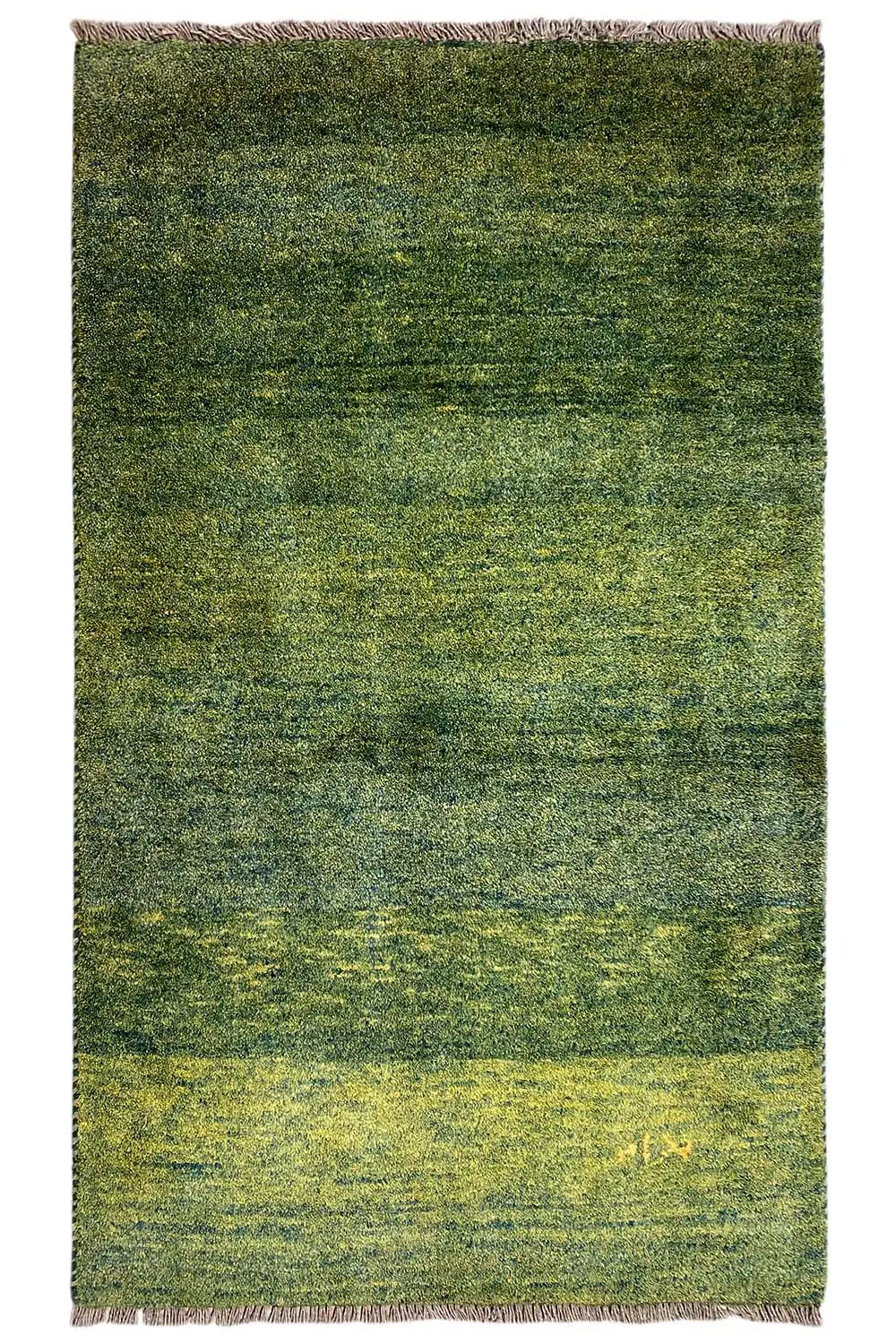 Rectangular Gabbeh rug, solid green with yellowish accents, fringes