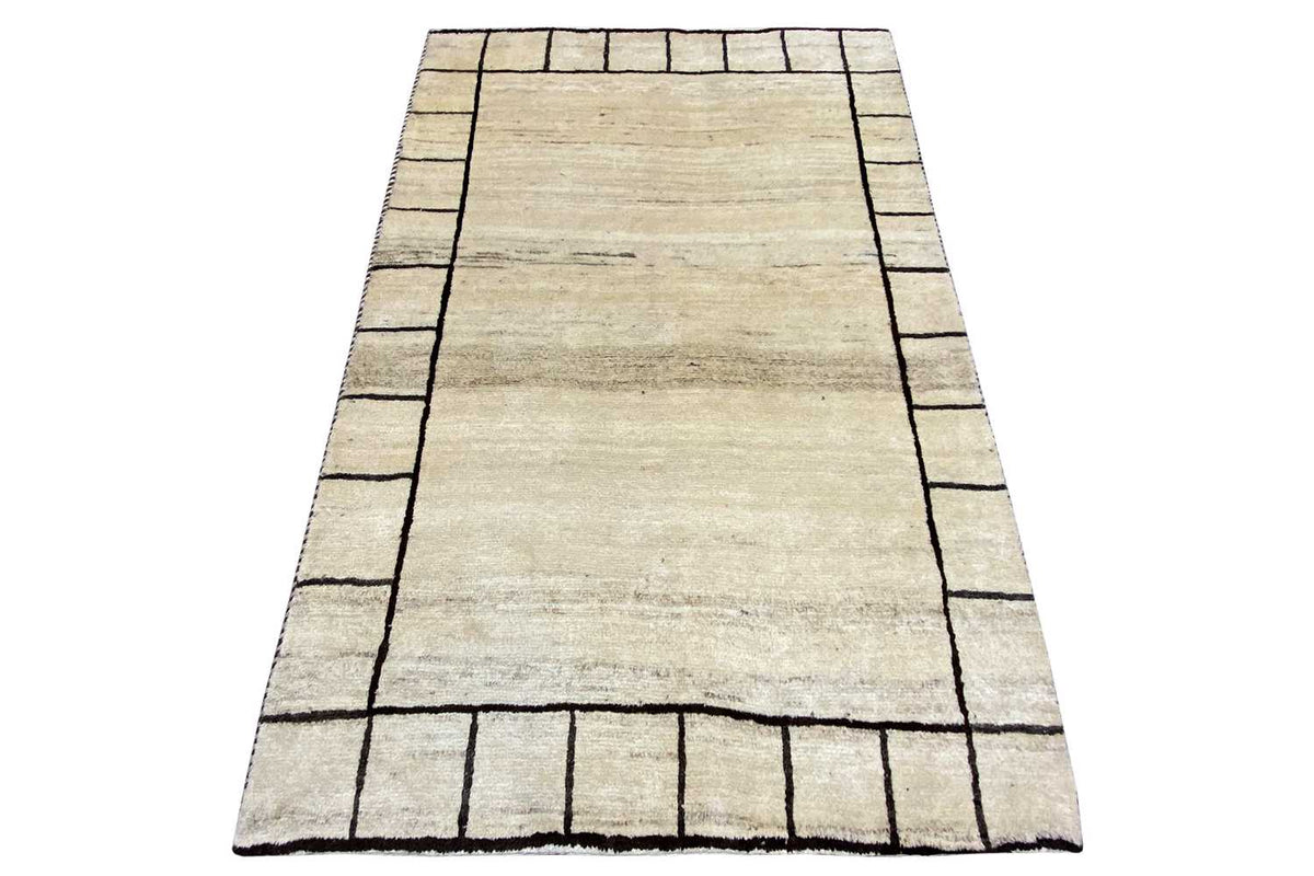 Rectangular Gabbeh rug, light beige field with a broad border line pattern, 146x98 cm
