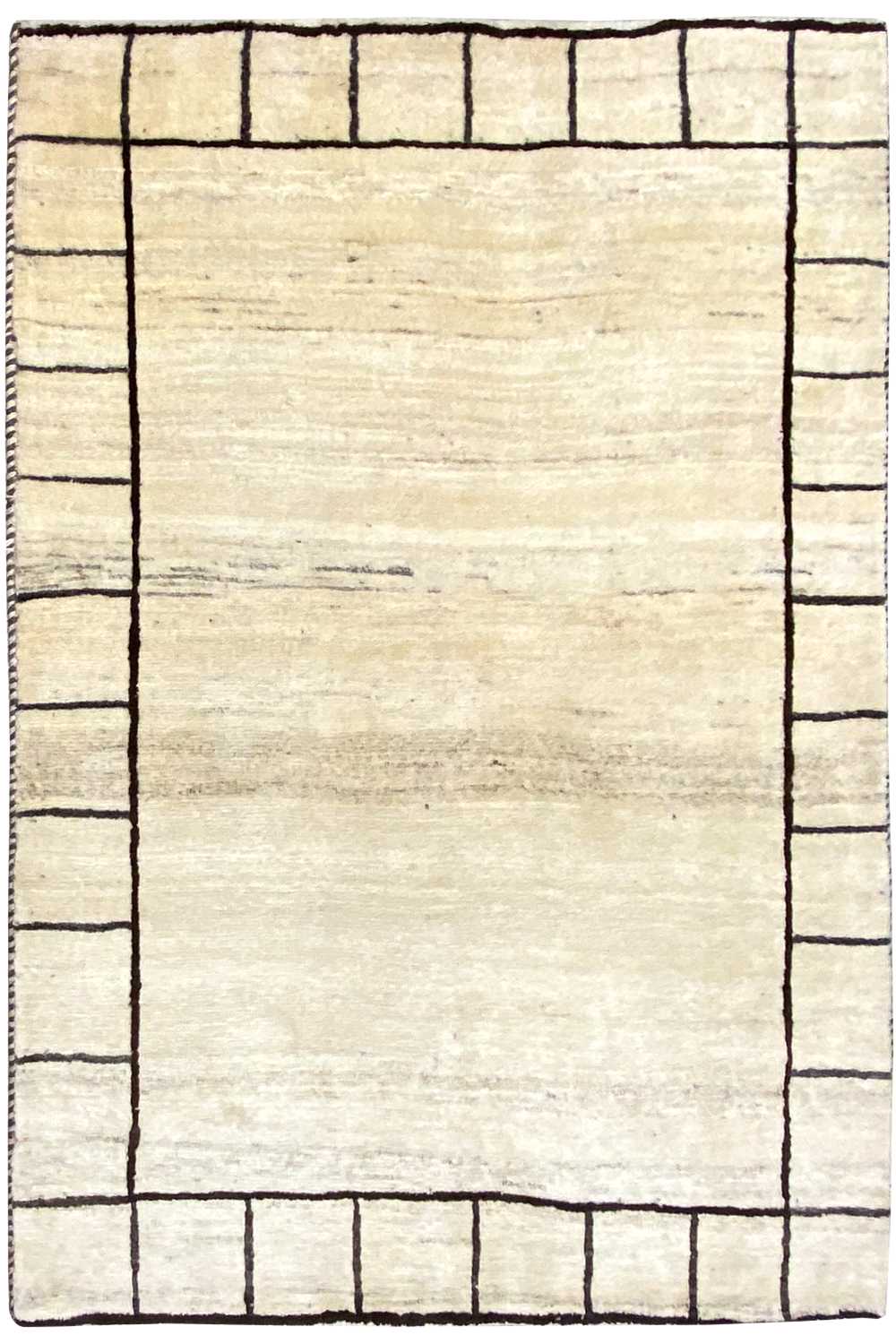 Gabbeh rug in light beige with a border of dark lines, clean rectangular look, 146x98 cm