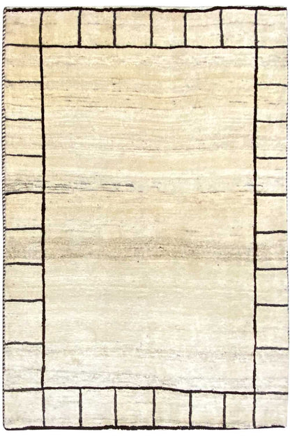 Gabbeh rug in light beige with a border of dark lines, clean rectangular look, 146x98 cm