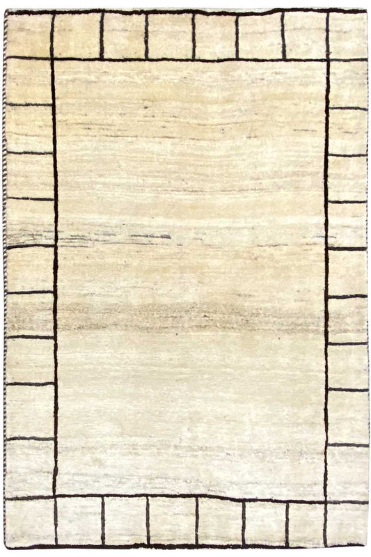 Gabbeh rug in light beige with a border of dark lines, clean rectangular look, 146x98 cm