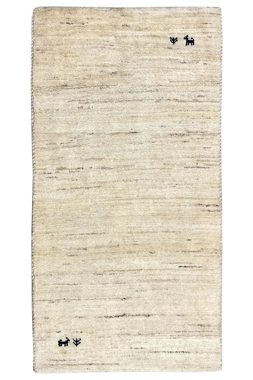Beige Gabbeh rug with a border all around and blue animal motifs
