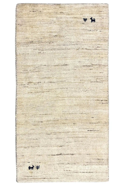 Beige Gabbeh rug with a border all around and blue animal motifs