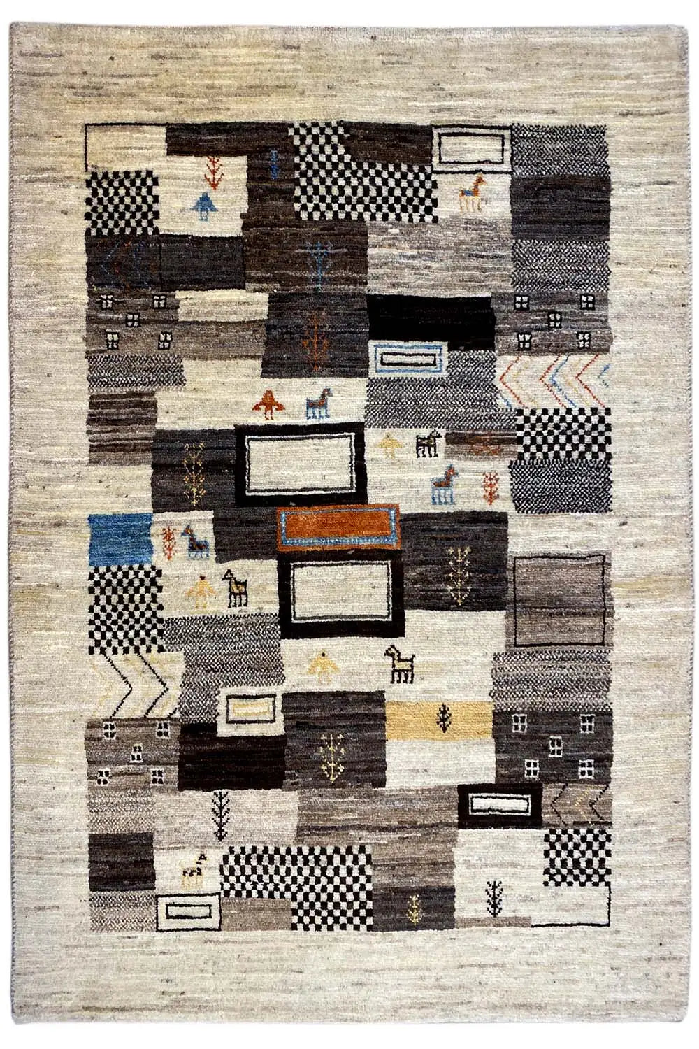 Gabbeh rug with patchwork squares and blue and orange color accents